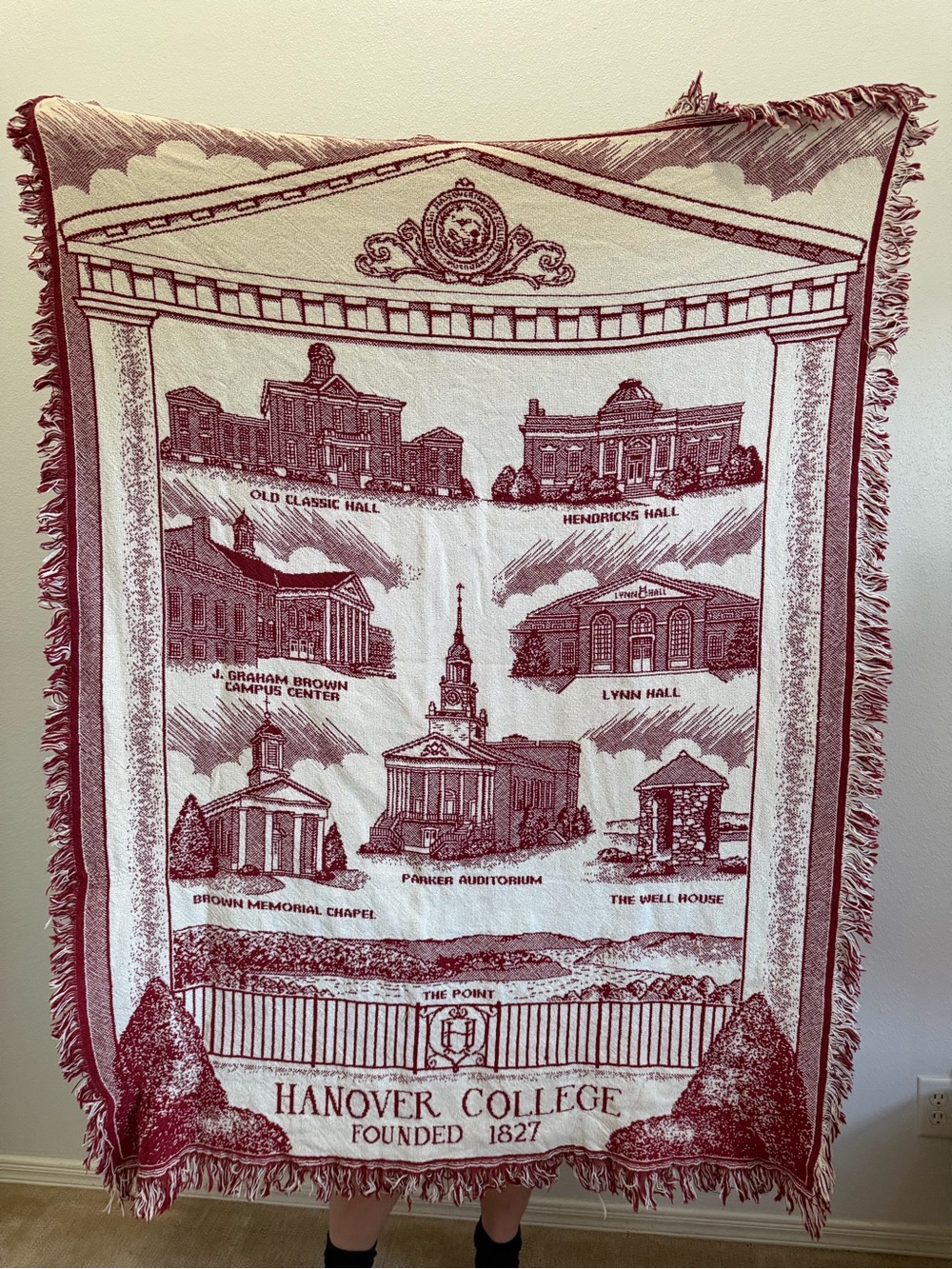 Hanover College Tapestry Throw — Maroon and Cream Campus Landmark Design